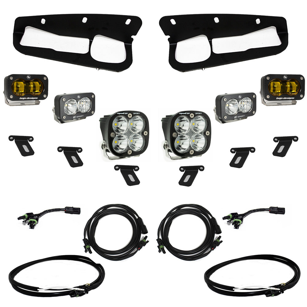 2021+ Ford Bronco S2 SAE “Sportsmen” Fog Pocket Light Kit Amber Upfitter Wiring Display of Included Parts 