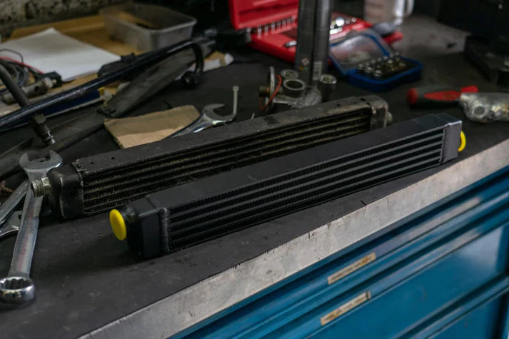 BMW E30 Oil Cooler w/ fittings for OEM style and AN-10 male connections Front View