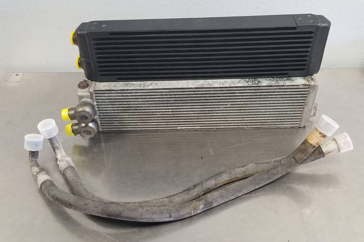 Universal Dual-Pass Oil Cooler / IROC Porsche / M22x1.5 / 24L x 5.75H x 2.16W Front View