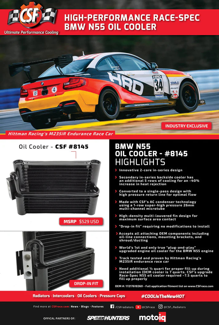 BMW F3X / F2X (N55) Race-Spec Oil Cooler Front View