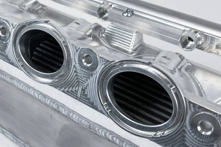 BMW Gen 2 B58 Race X Charge Air Cooler Manifold - Raw Billet Front View