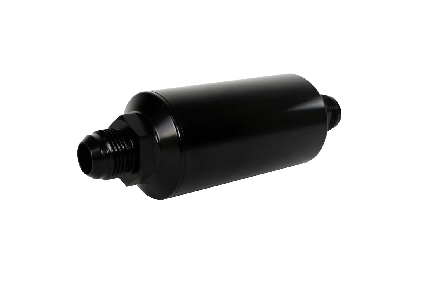 100 Micron Black Fuel Filter with Male AN-10 Ports & Stainless Mesh Element Front View