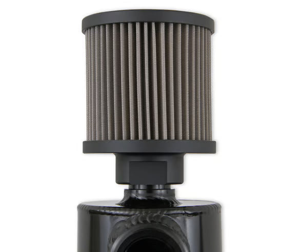 Earl's Black w/ Billet Filter, Drain Valve, -12 AN O-Ring Port (Inlet) & Mounting Brackets. 1/8" NPT on Drain Valve for Optional Remote Outlet Hose Front View Black