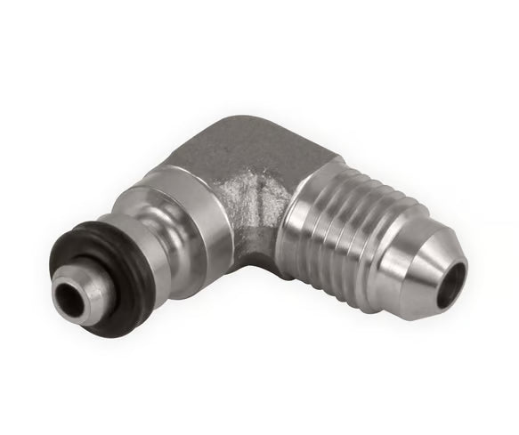 Earl's 90 Degree Clutch Adapter Fitting -4AN Male to OE (Original Equipment) GM/Jeep/Mopar Master Cylinder & Clutch Release Bearings Front View Silver