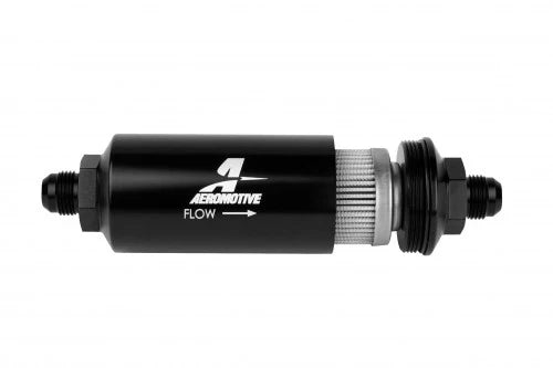 40 Micron Black Fuel Filter with Male AN-10 Ports & Stainless Mesh Element Front View