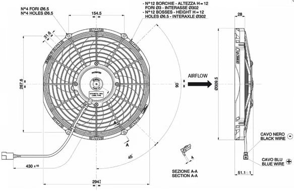 SPAL® 11.00" Inch Electric Fan Puller Style Low Profile 844 CFM 10 Curved Style blades Front View