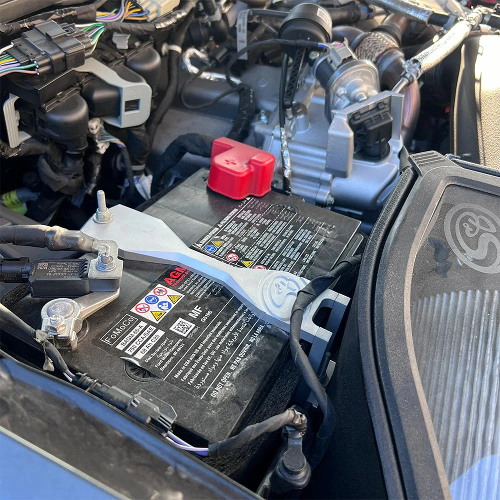 Billet Battery Hold-Down Brackets For 2023-2026 Ford Super Duty, 6.7L (Set) Front View