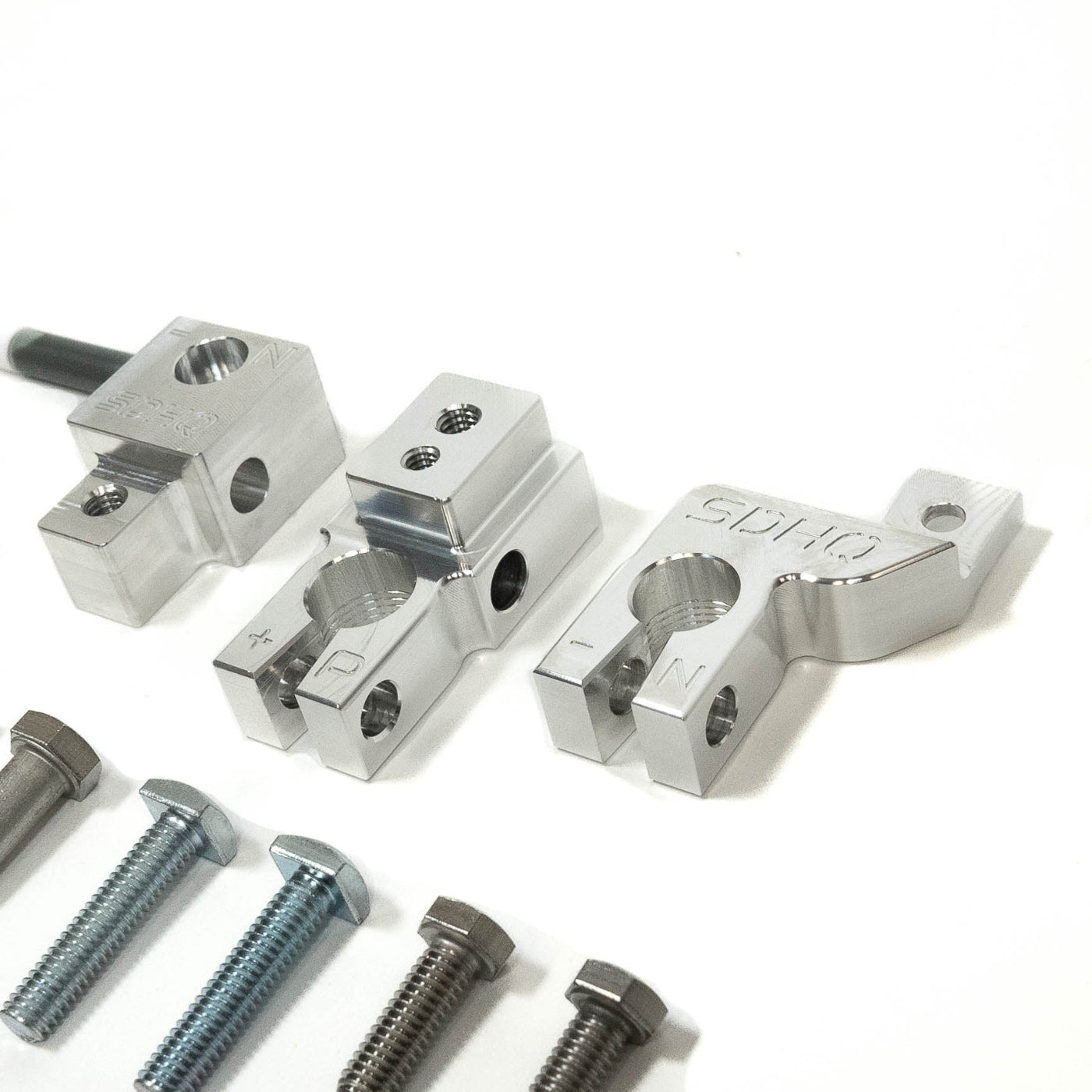 '21-25 Ford Bronco/Bronco Raptor SDHQ Built Billet Battery Terminal Kit display of included parts and hardware 