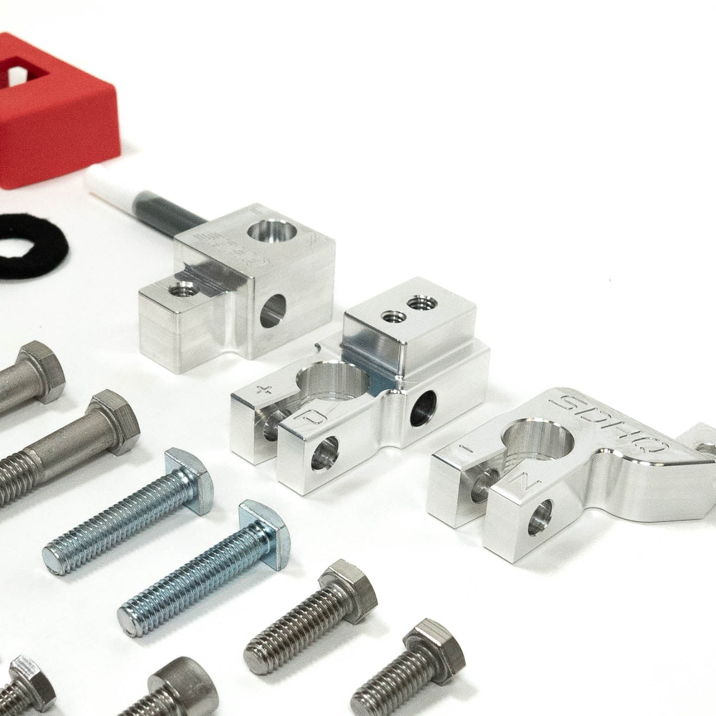 '21-25 Ford Bronco/Bronco Raptor SDHQ Built Billet Battery Terminal Kit display of included parts and hardware 