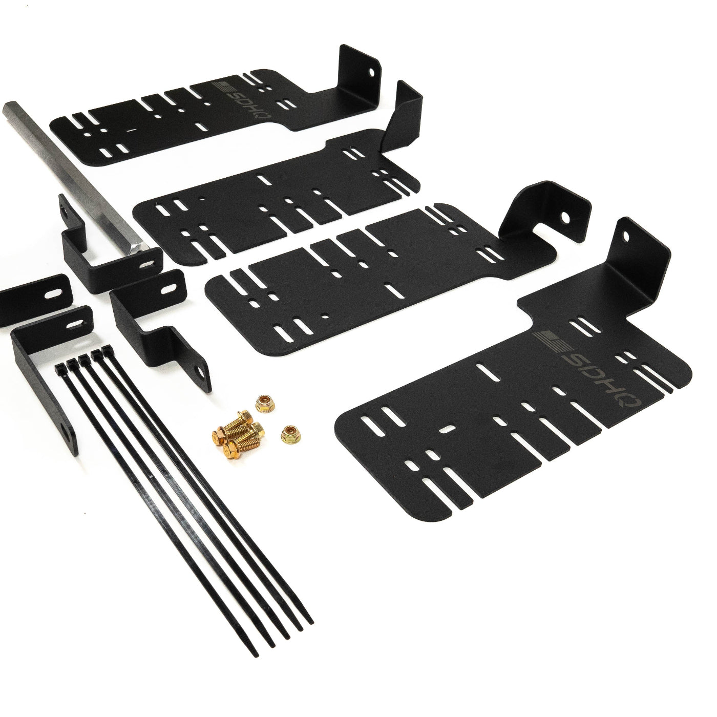 SDHQ Built '21-25 F150 / Raptor Behind the Grille Light Mounting Kit display of included parts and hardware 
