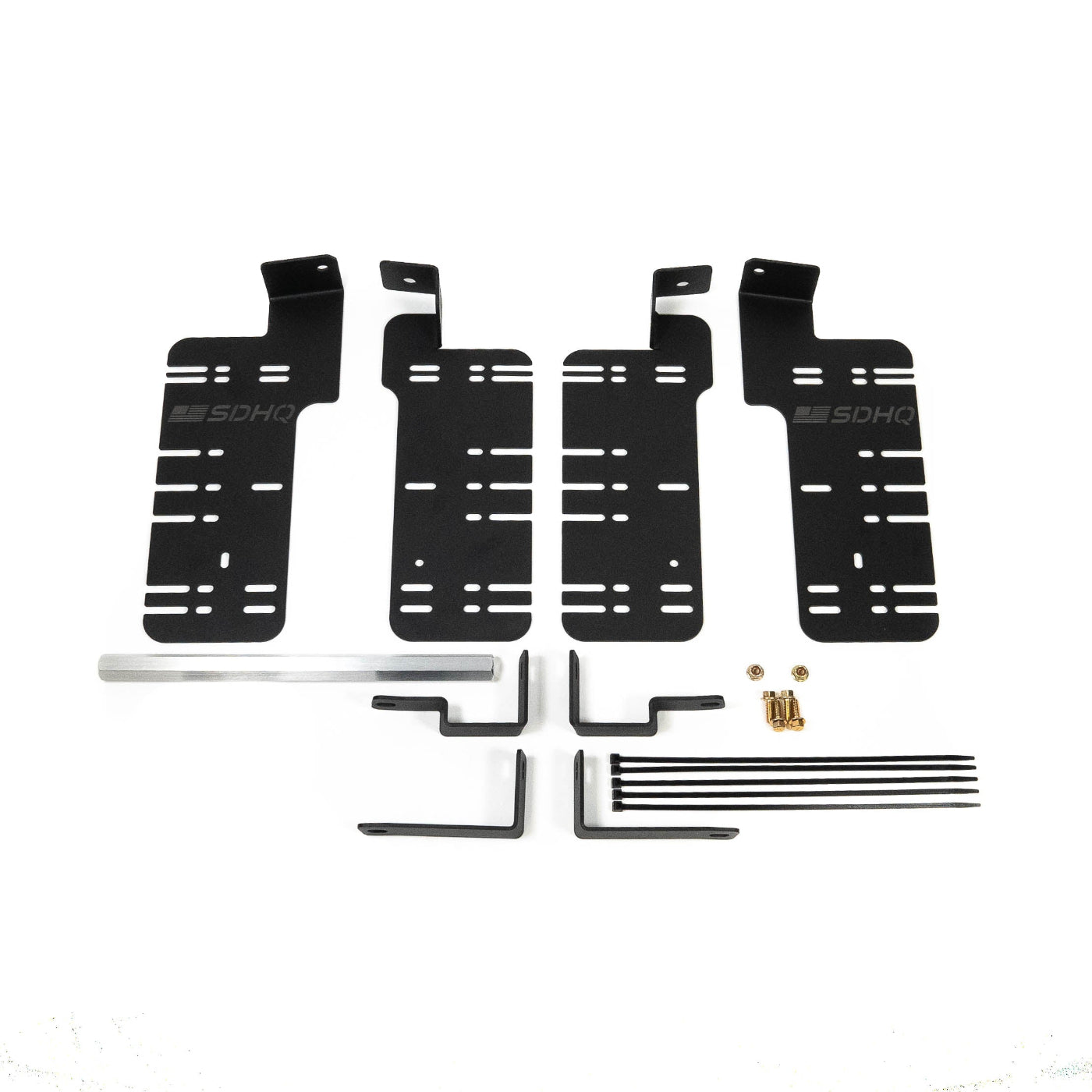 SDHQ Built '21-25 F150 / Raptor Behind the Grille Light Mounting Kit display of included parts and hardware 