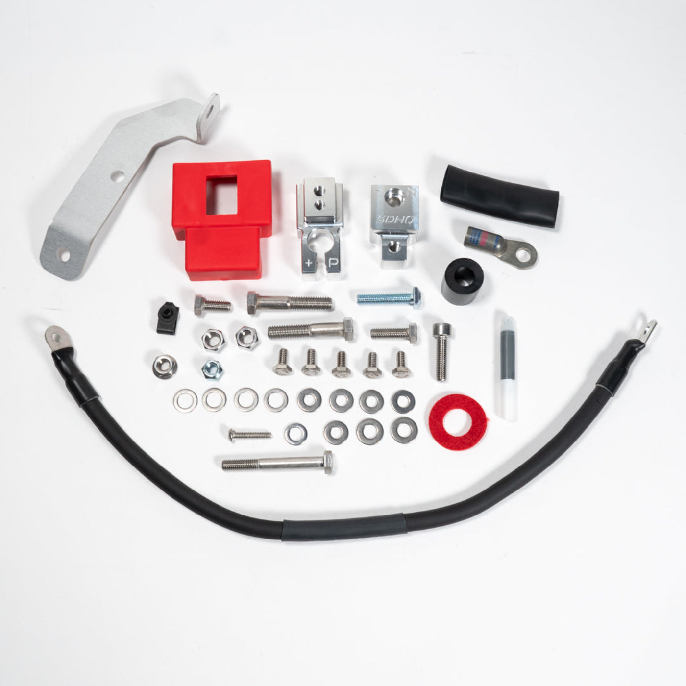 2015-2025 Ford F150/Raptor Complete Billet Battery Terminal Kit display of included parts and hardware