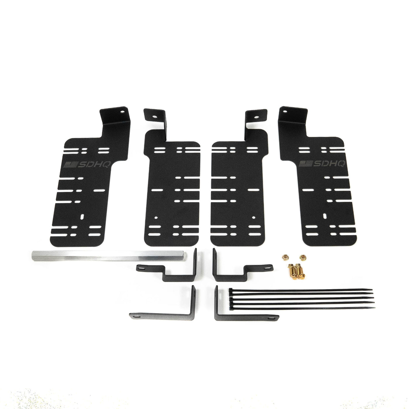 SDHQ Built '21-25 F150 / Raptor Behind the Grille Light Mounting Kit display of included parts and hardware 