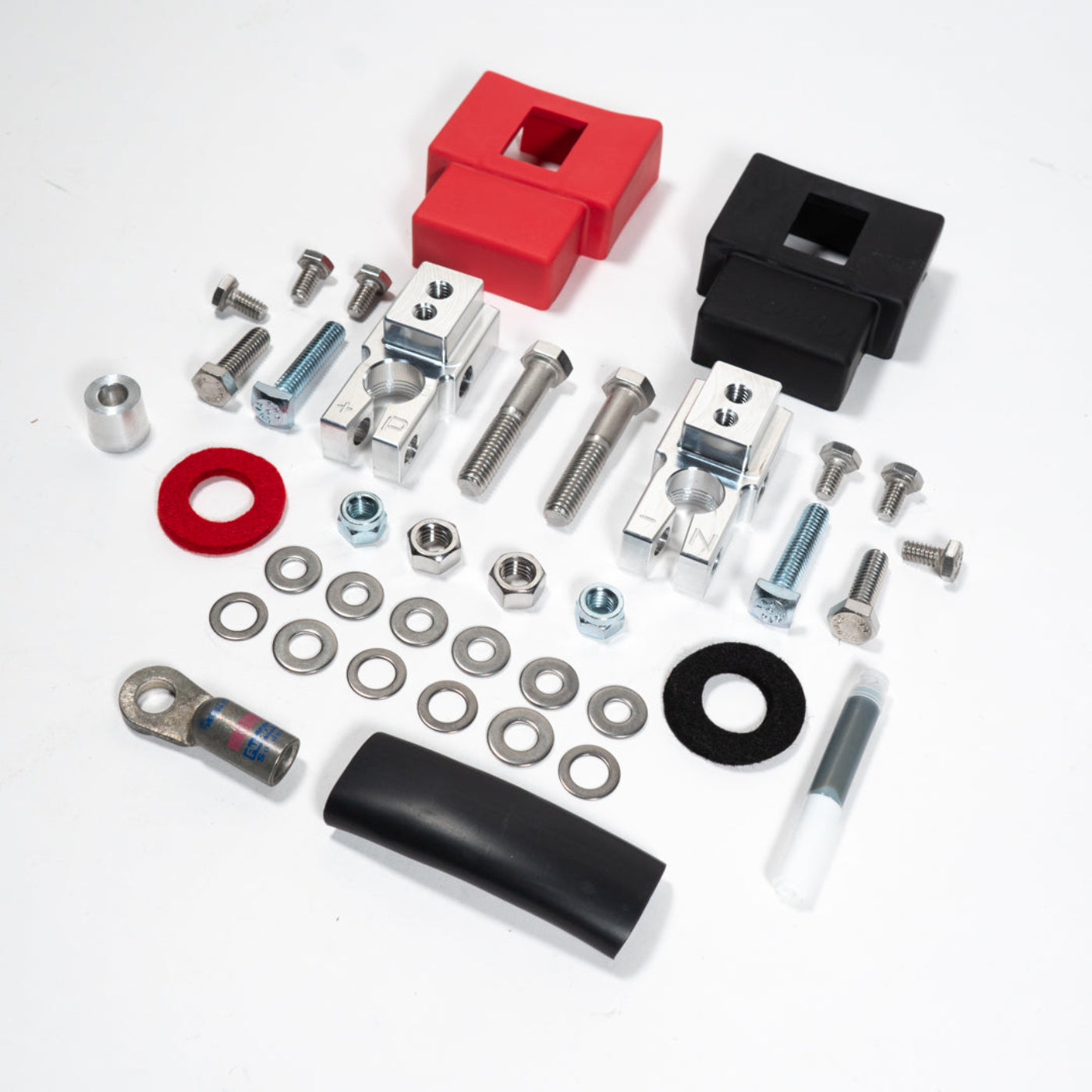 2015-2025 Ford F150/Raptor Complete Billet Battery Terminal Kit display of included parts and hardware 