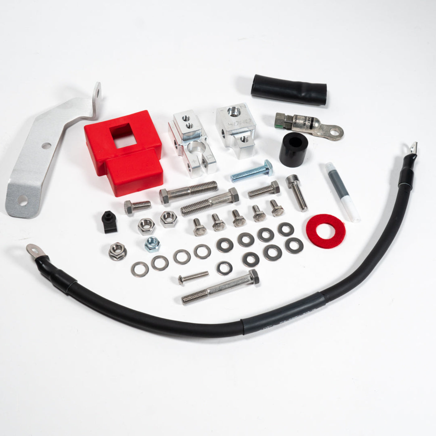 2015-2025 Ford F150/Raptor Complete Billet Battery Terminal Kit display of included parts and hardware 