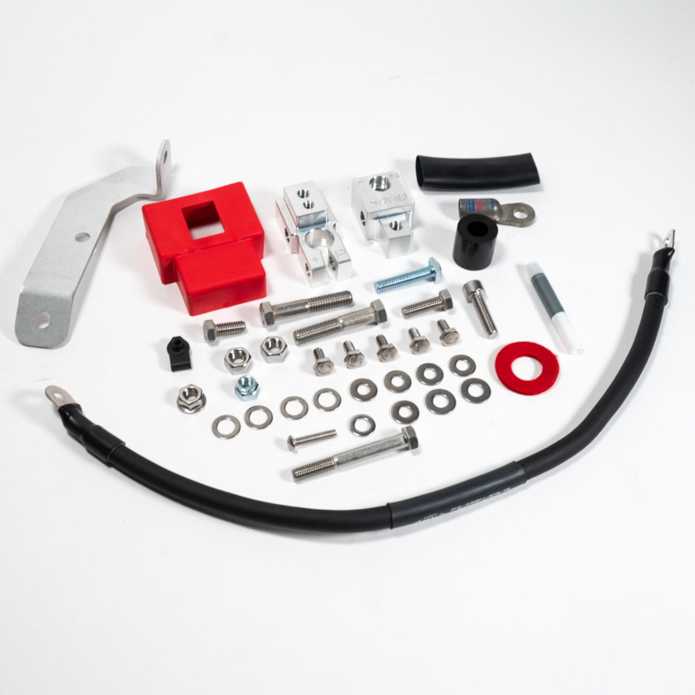 2015-2025 Ford F150/Raptor Complete Billet Battery Terminal Kit display of included parts and hardware 