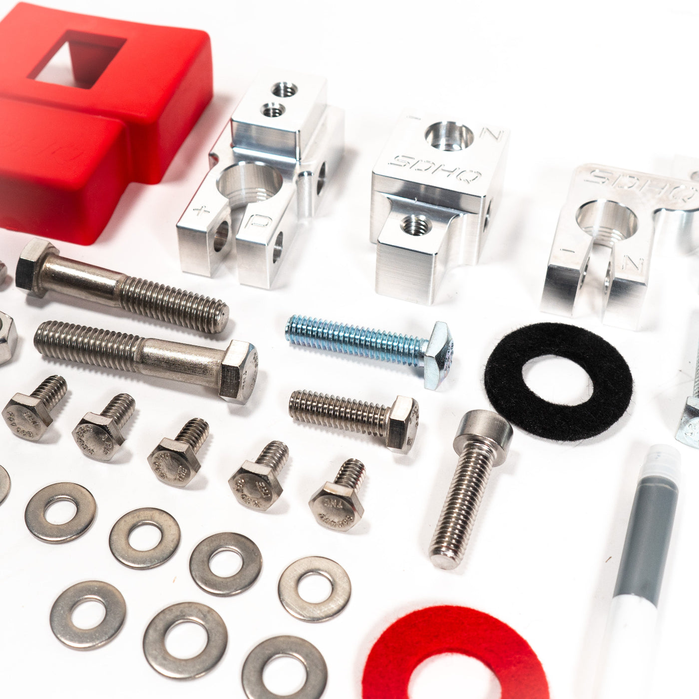 2023-2025 Ford F250/F350 Billet Single Battery Terminal Upgrade Kit display of included parts and hardware