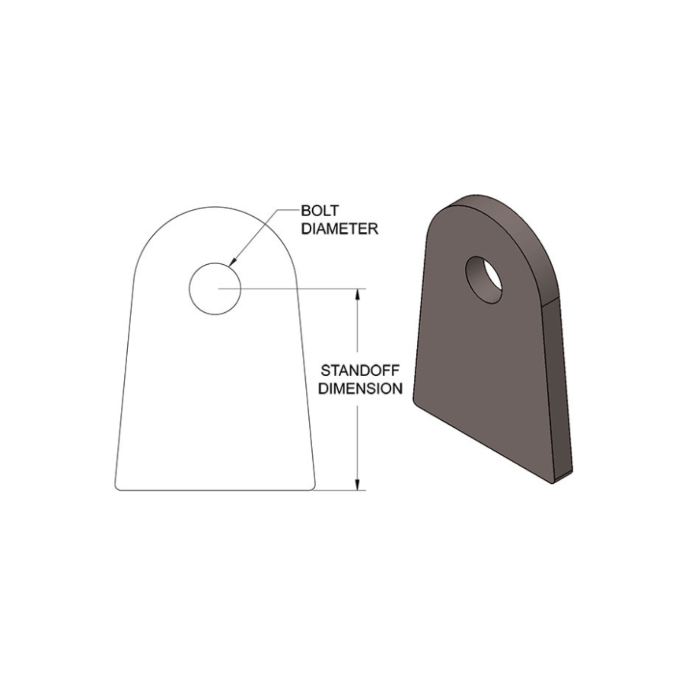 SDHQ Built Flat Tab | 3/16" Thick, 3/8" Bolt Hole, 2-1/2" Standoff Diagram