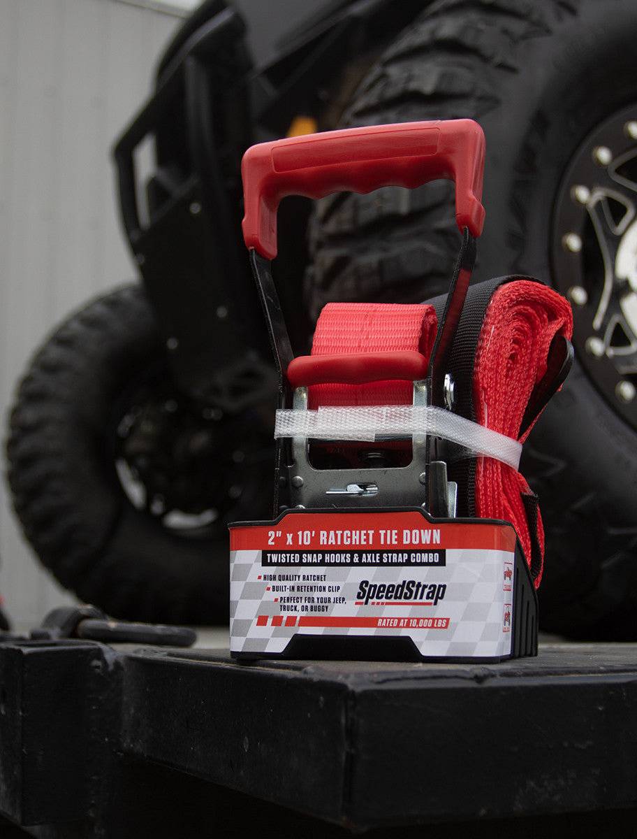 Ratchet 2 in. x 10 ft. Tie Down w/ Twisted Snap Hooks and Axle Strap