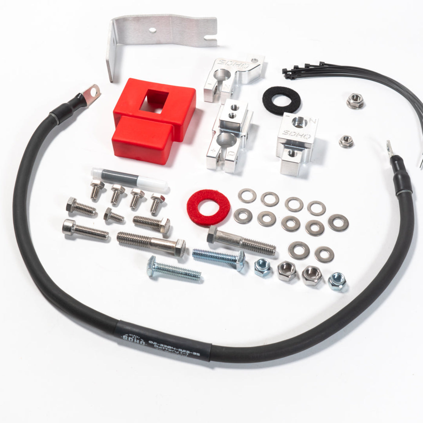 2018-2023 Jeep JL/JT (3.6L & 2.0L) SDHQ Built Billet Battery Terminal Kit display of included parts and hardware  