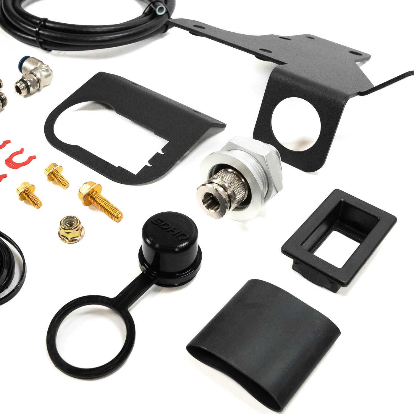 SDHQ Built 2024 LC250 Air Chuck and Switch Mount display of included parts and hardware 