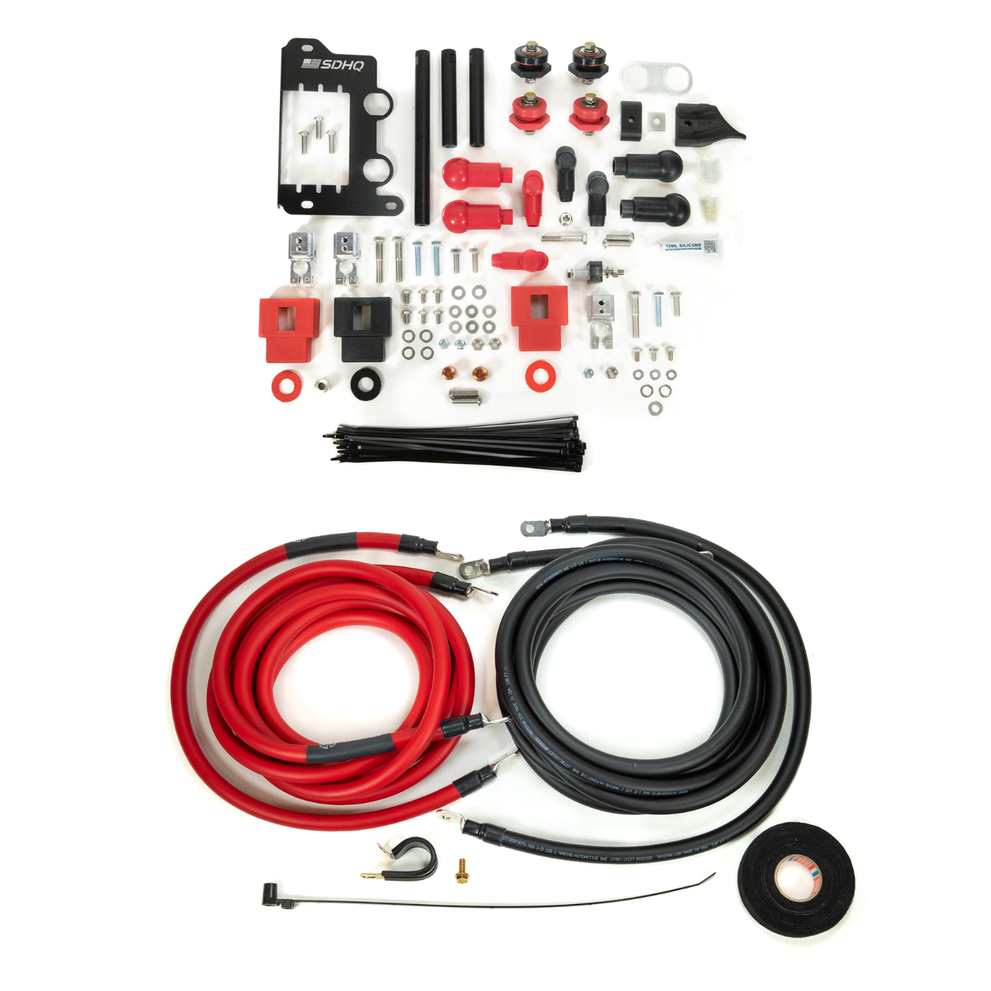 '24+ LC250 SDHQ Built Under Hood Power Solution Kit display of included parts and hardware 