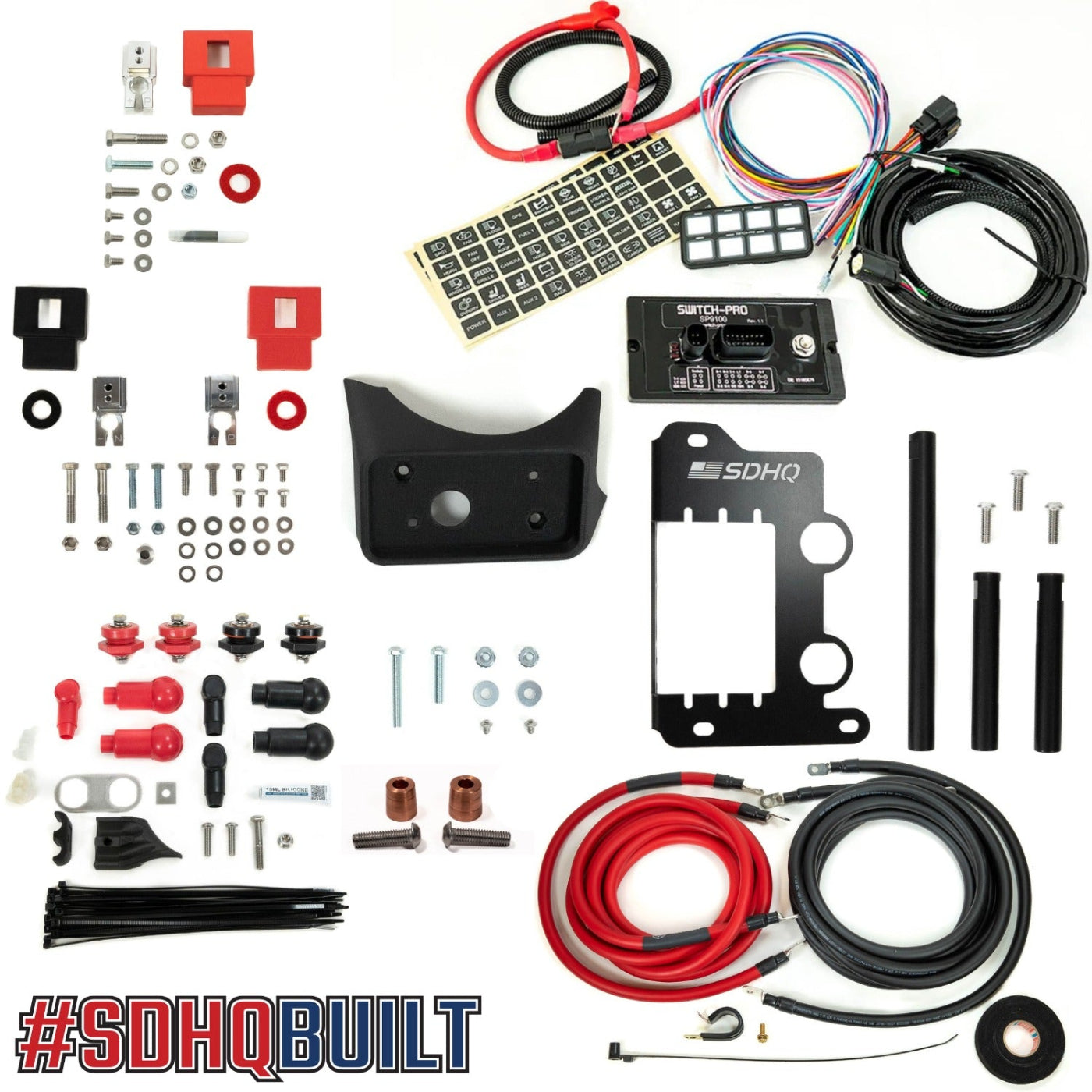 2024+ LC250 SDHQ Built Under Hood Power Solution Kit + Switch Pros SP9100 Kit display of included parts and hardware 