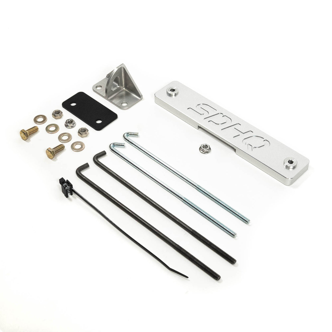 '08-21 Lexus LX570 SDHQ Built Billet Battery Hold Down Kit display of included parts and hardware 