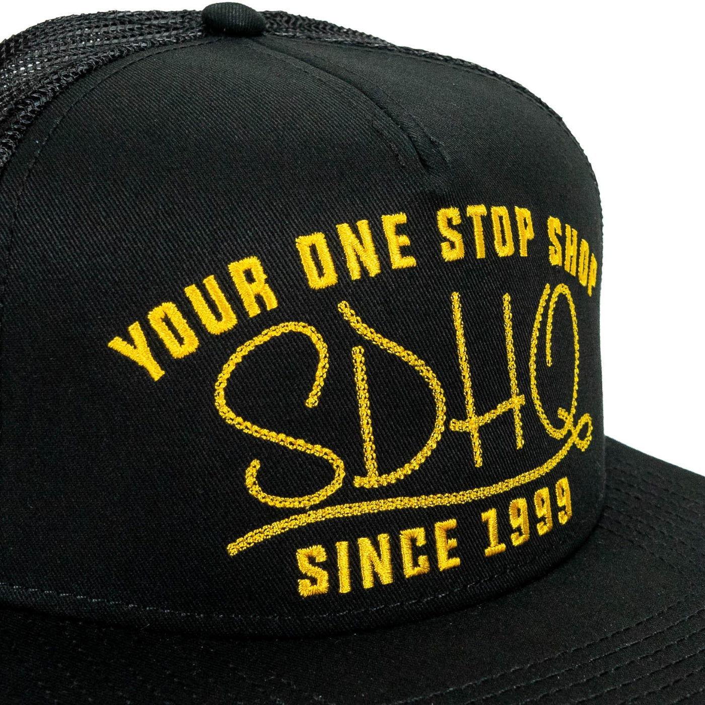 SDHQ One Stop Shop Trucker Hat | Yellow Embroidery close-up