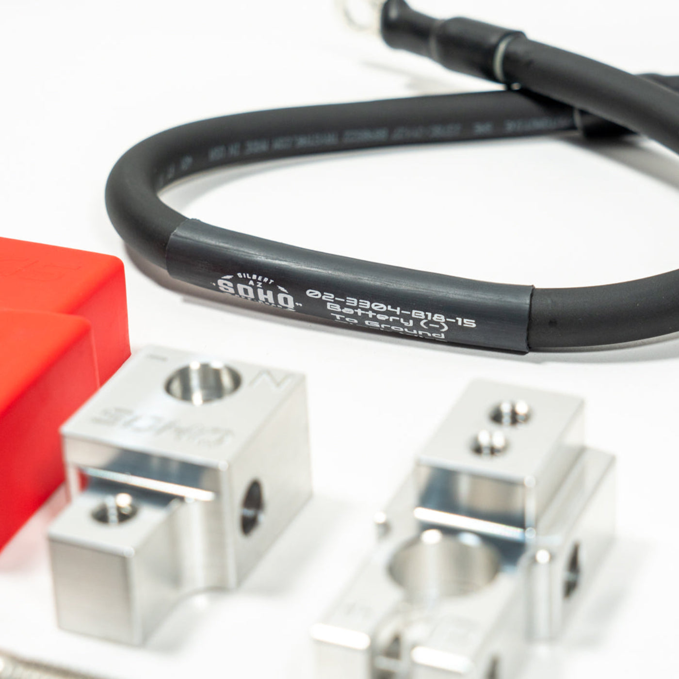 2019-2024 RAM 2500/3500 Complete Billet Single Battery Terminal and Distribution Kit display of included parts and hardware 