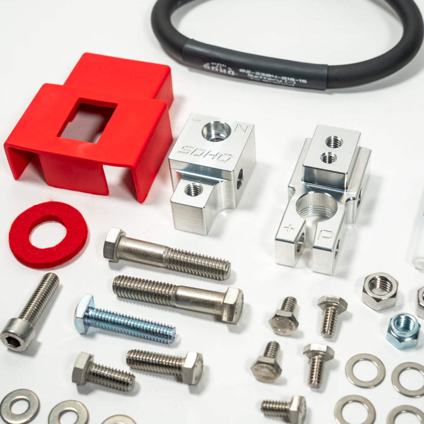 2019-2024 RAM 2500/3500 Complete Billet Single Battery Terminal and Distribution Kit display of included parts and hardware 