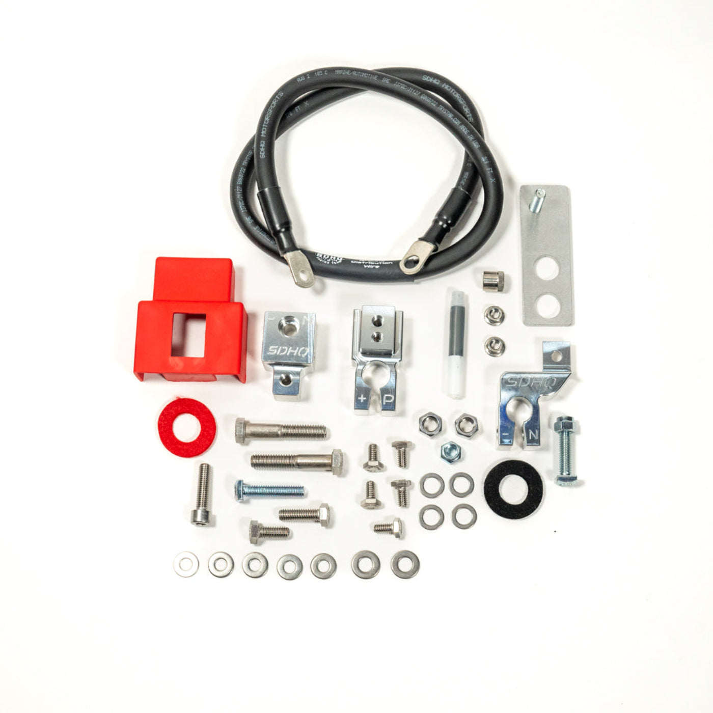 2025 Ram 1500 RHO SDHQ Built Billet Battery Terminal Kit display of included parts and hardware 