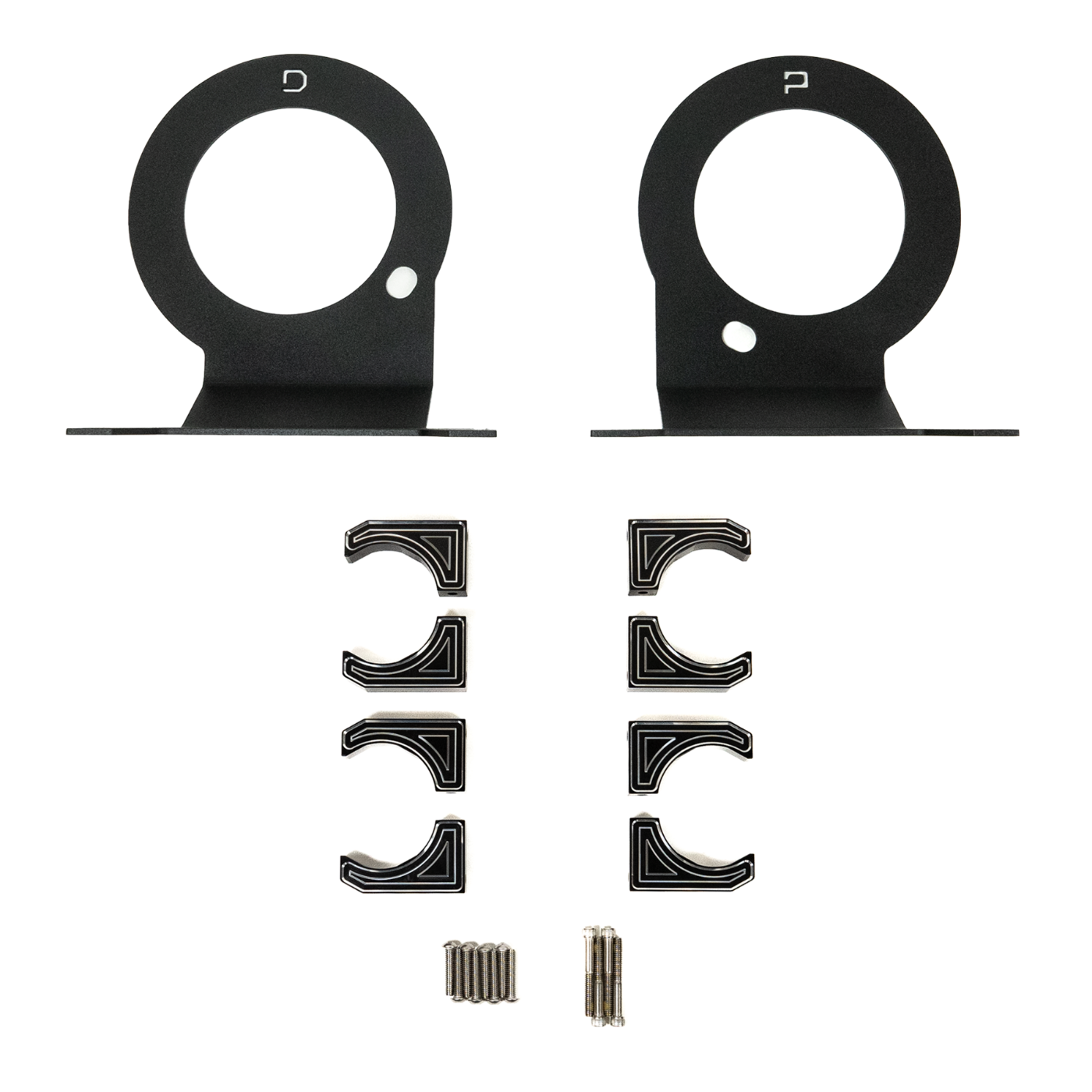 SDHQ Built '14-25 Ram 2500/3500 Billet Reservoir Mounting Kit display of included parts and hardware 