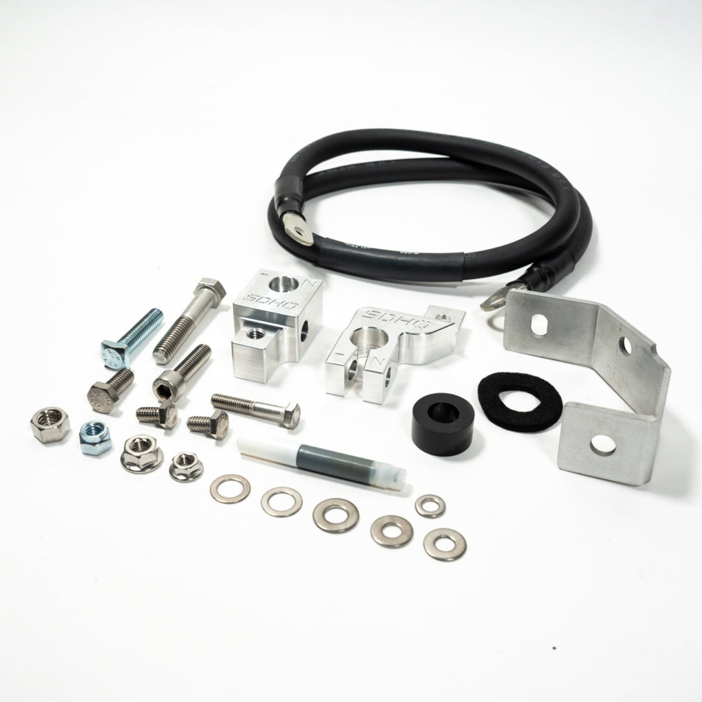 '19-23 SDHQ Built Ford Ranger Billet Battery Terminal and Distribution Kit display of included parts and hardware 