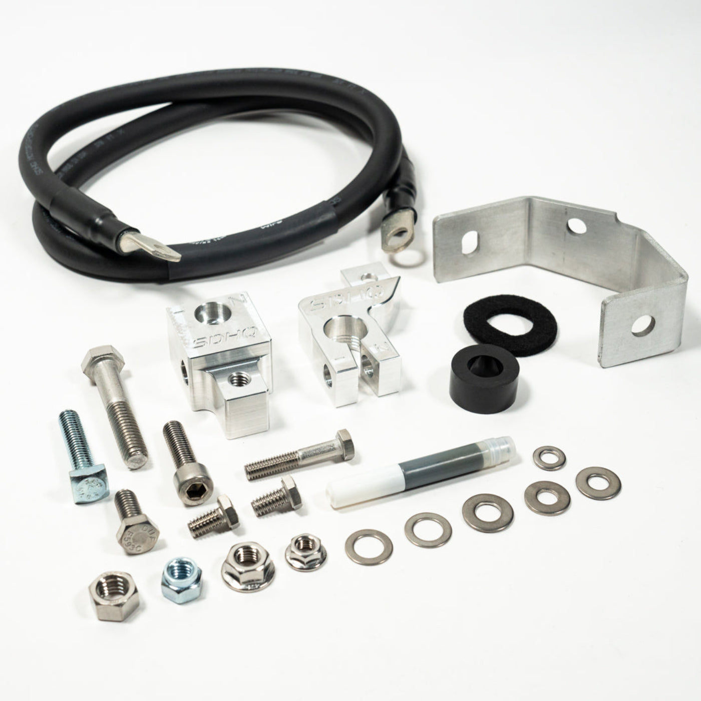 '19-23 SDHQ Built Ford Ranger Billet Battery Terminal and Distribution Kit display of included parts and hardware 