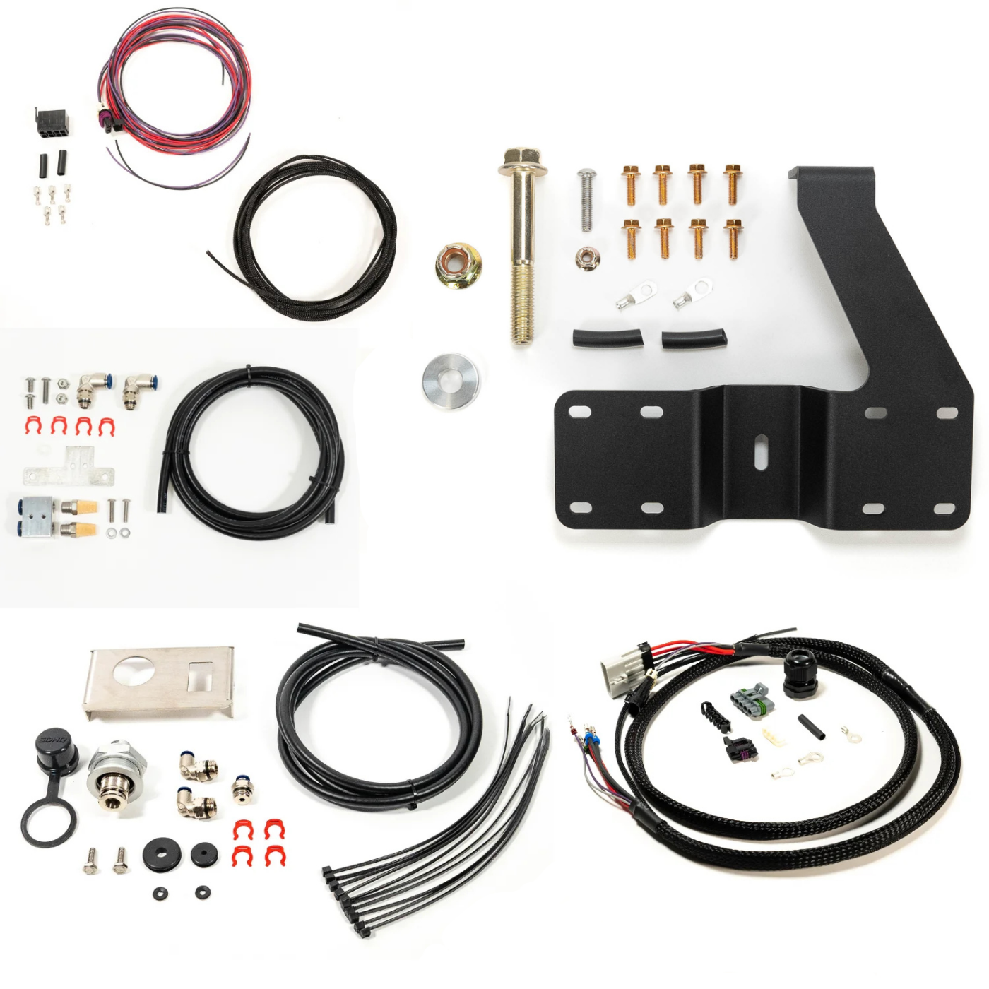 SDHQ Built '24 Tacoma Air Compressor Mount Kit display of included parts and hardware 
