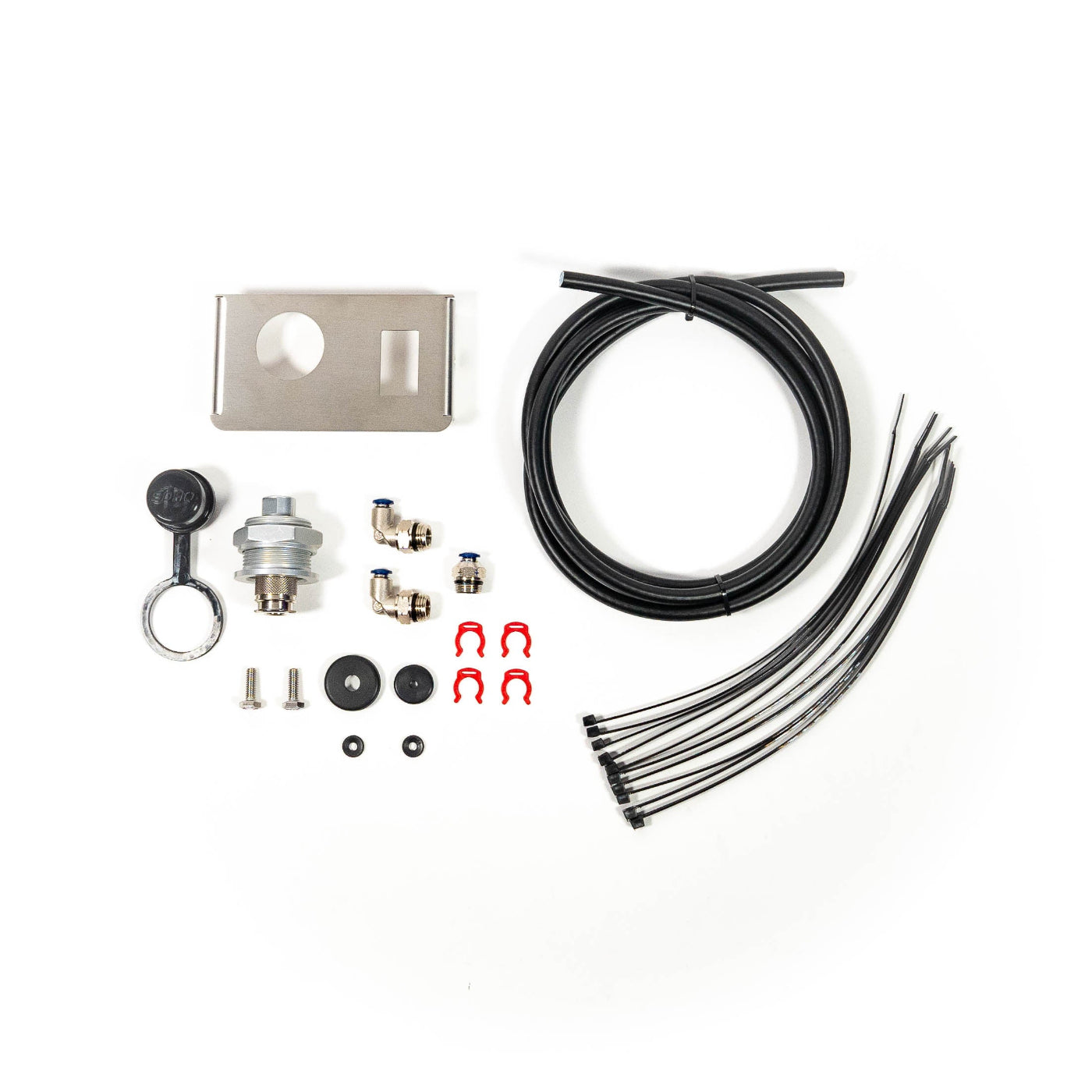 SDHQ Built '24 Tacoma Bed Power Port Air Chuck and Switch Mount Kit display of included parts and hardware 