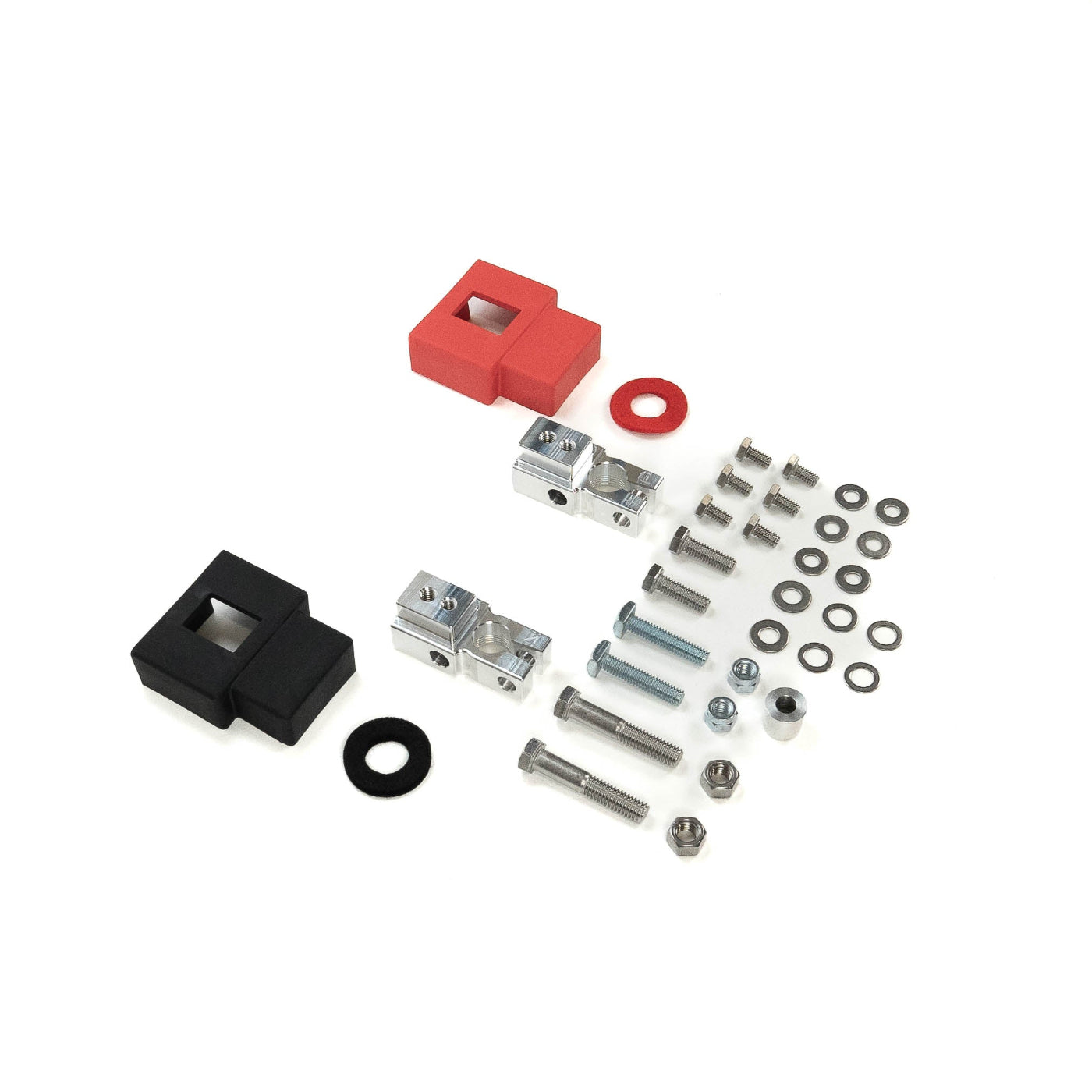 '24+ Toyota Tacoma, Non-Hybrid SDHQ Built Complete Billet Battery Terminal Kit display of included parts and hardware 