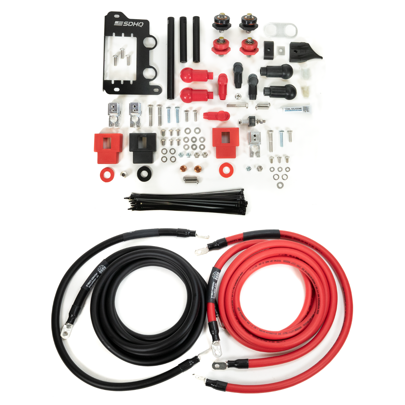 '24-25 Tacoma SDHQ Built Under Hood Power Solution Kit display of included parts and hardware 