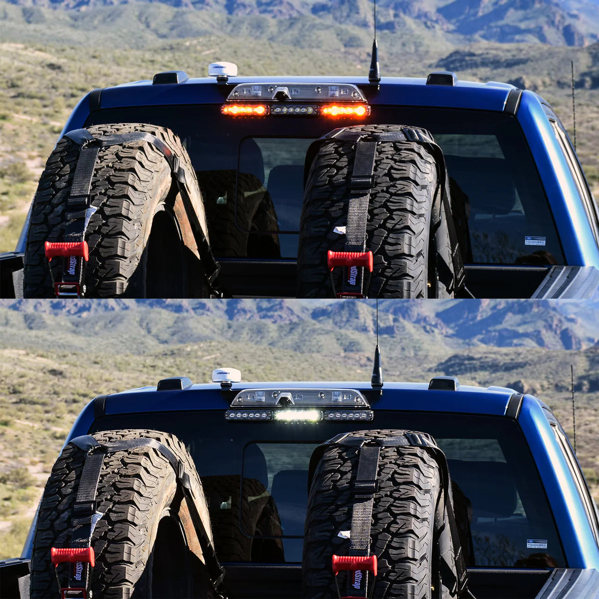 Third Brake Light DUAL Antenna Mount - 2017-2024 Ford Super Duty - With Tomar LED Lights Display on Vehicle (In Use)