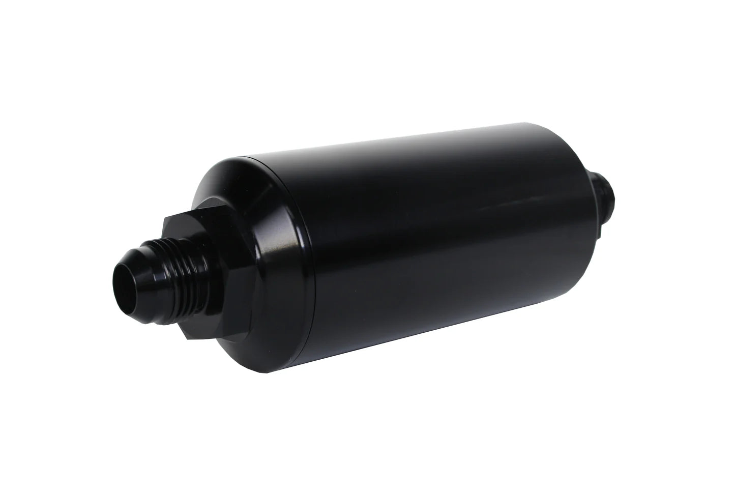 100 Micron Black Fuel Filter with Male AN-08 Ports & Stainless Mesh Element Front View