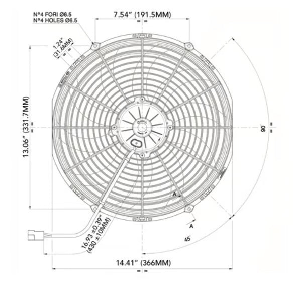 SPAL Electric 14.00" Fan Puller Style High Performance 1864CFM 10-blade curved style blade Front View