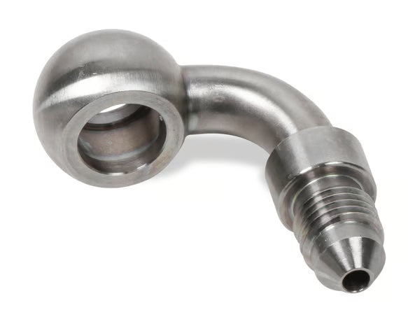 Earl's Banjo Adapter - Long Style 3 AN Male to 3/8" or 10mm - 90 Degree - Long Style - Stainless Steel Front View Silver