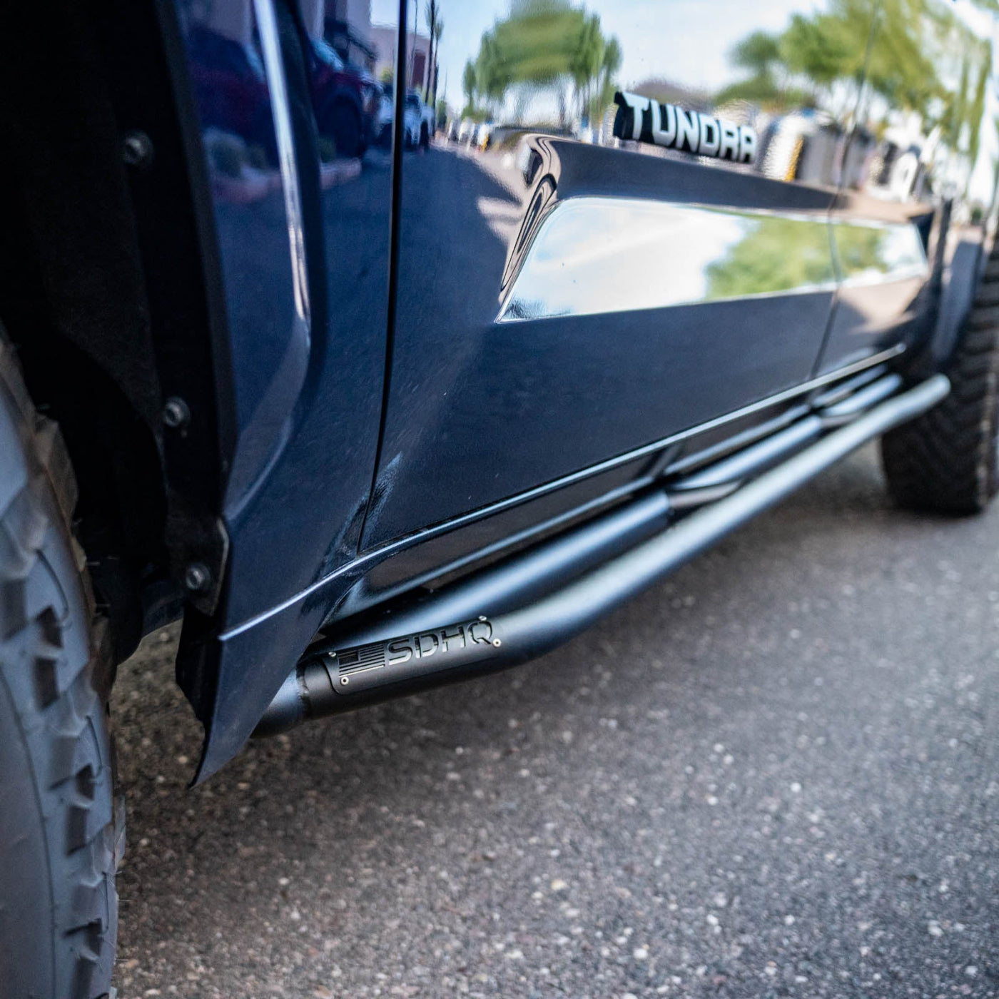 '22-25 Toyota Tundra SDHQ Built Rock Sliders installed close-up 