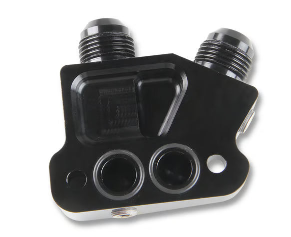 Earls LS Side Mount Oil Cooler Adapter, 10 AN Male, (2) 1/8" NPT Ports Front View Black