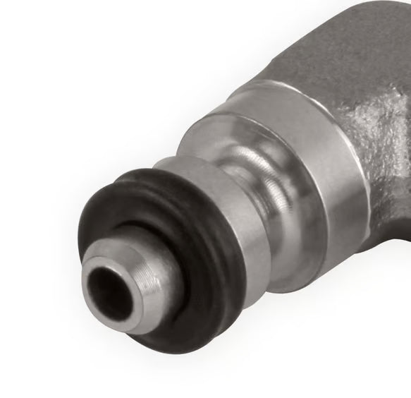 Earl's 90 Degree Clutch Adapter Fitting -4AN Male to OE (Original Equipment) GM/Jeep/Mopar Master Cylinder & Clutch Release Bearings Front View Silver