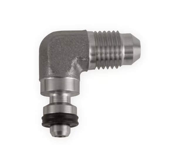 Earl's 90 Degree Clutch Adapter Fitting -4AN Male to OE (Original Equipment) GM/Jeep/Mopar Master Cylinder & Clutch Release Bearings Front View Silver