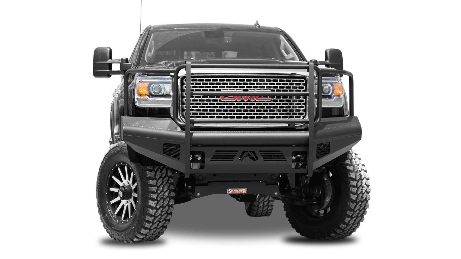 15-19 GMC 2500/3500HD Black Steel Elite Series Front Bumper w/Full Grill Guard Fab Fours  display