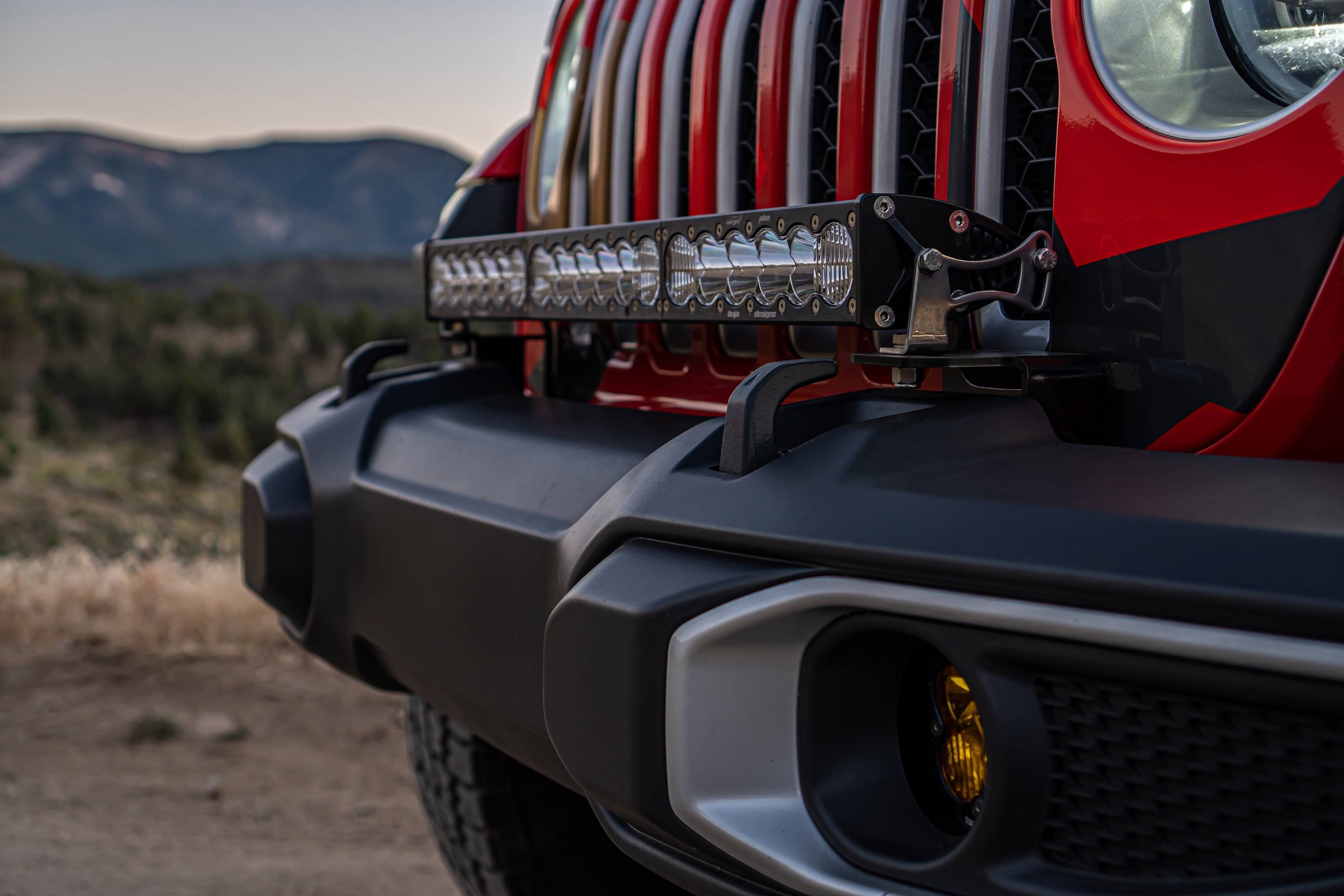 '18-23 Jeep JL Bumper 30" ONX6+ LED Light Kit Lighting Baja Designs close-up Display on Vehicle 