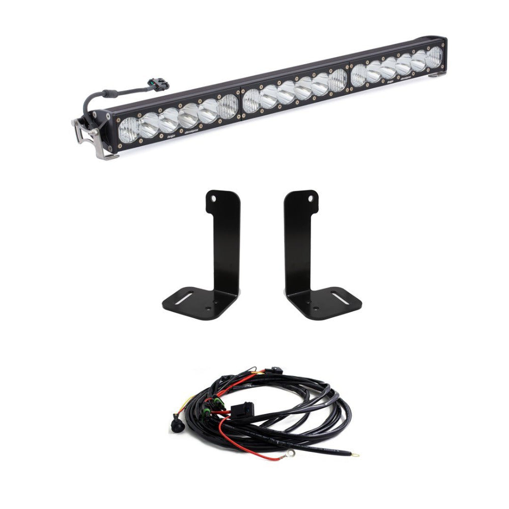 '18-23 Jeep JL Bumper 30" ONX6+ LED Light Kit Lighting Baja Designs Display of Included Parts 